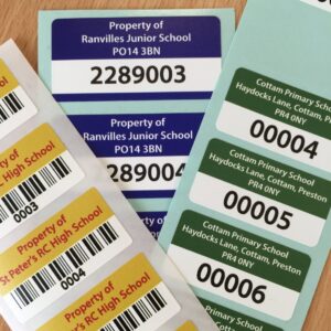 Sticky school labels for security and tracking.